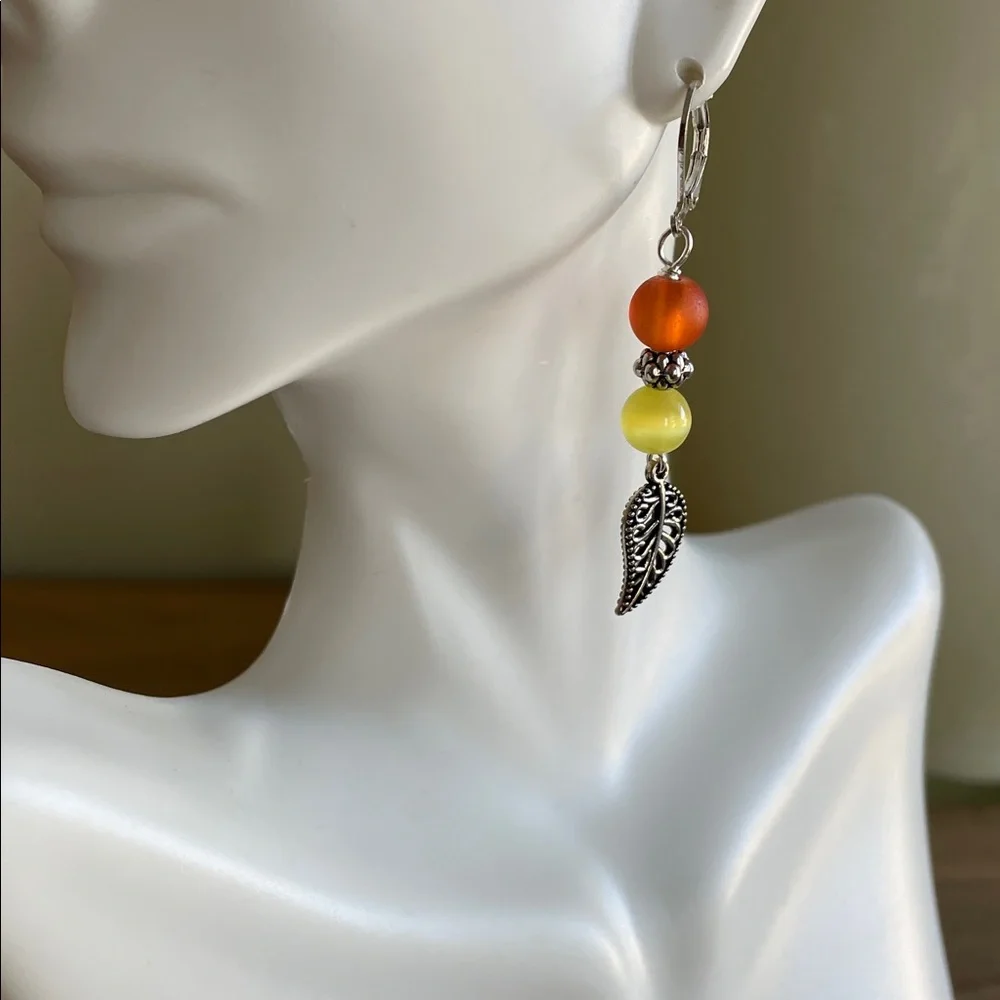 HAND CRAFTED BEAD & LEAF DANGLE EARRINGS Orange Yellow Fall Fashion Jewelry